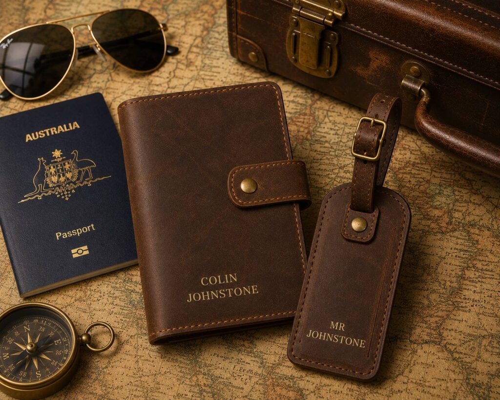 Personalised Leather Travel Accessories Gift Set Luggage Tag and Passport Holder