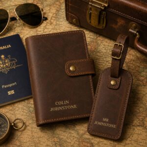 Personalised Leather Travel Accessories Gift Set Luggage Tag and Passport Holder